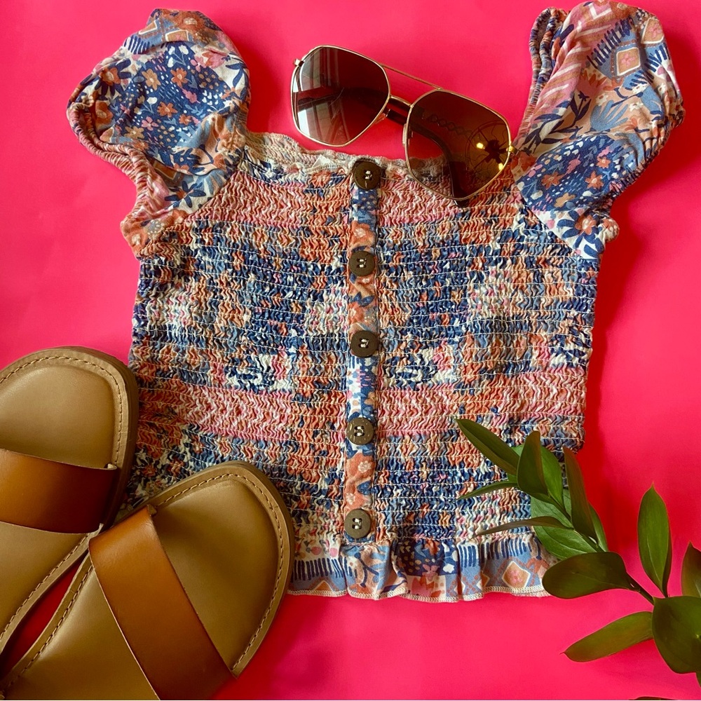 Smocked Blue and Pink/Orange Ruffled Cap Sleeve Crop Top